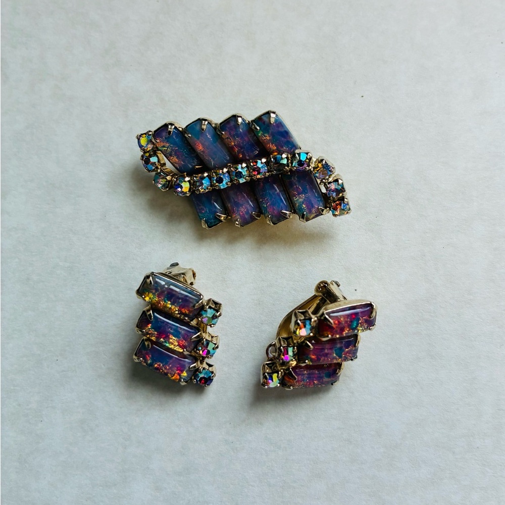 Vintage Continental Fire Opal Leaf Brooch & Clip Earrings Set